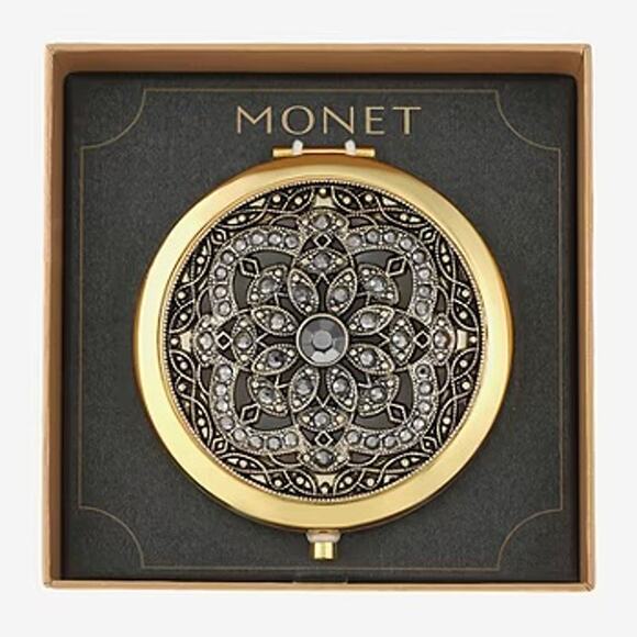 MONET Compact Mirror Gold Tone Rhinestone Filigree New in Box - Picture 1 of 6